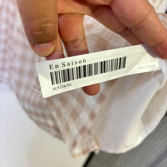 En Saison Value Mini Dress M White Rust Pink Gingham Puff Sleeve Tie Back Tiered - Picture 10 of 12